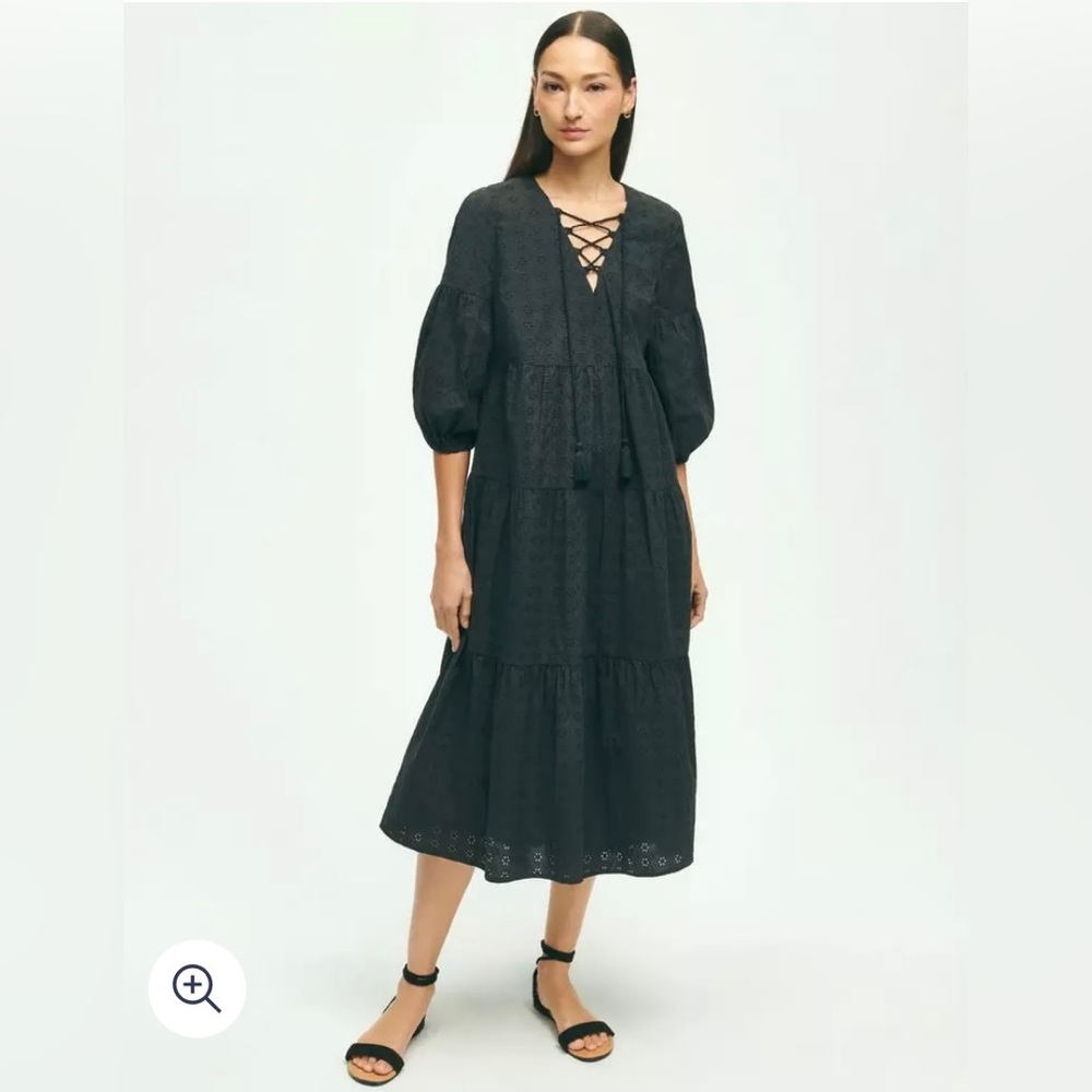 Brooks Brothers Cotton Tired Eyelet Tie Neck Dress